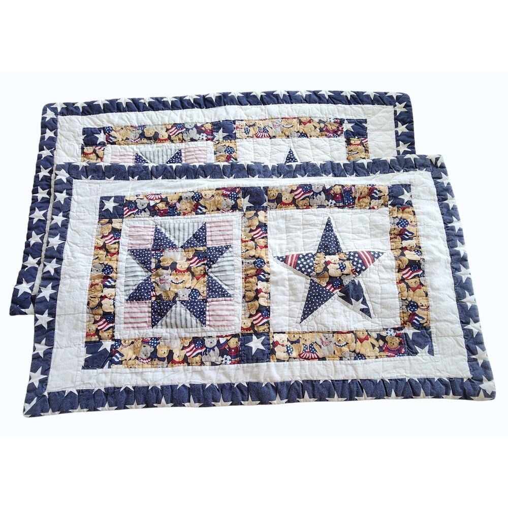 Sunham Quilted Pillow Shams 20x36 Cotton Patriotic Teddy Bear Americana Stars